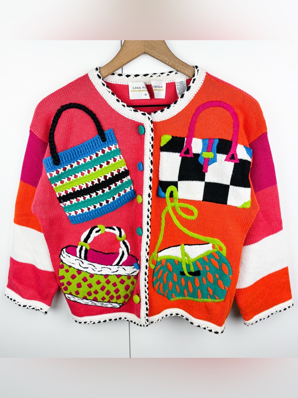 Vintage Novelty Purse Bag Funky Cardigan Sweater Barbie Pink Neon Glam Diva